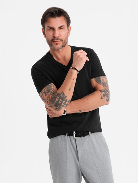 Ombre Clothing Moška klasična bombažna majica BASIC z izrezom - črna