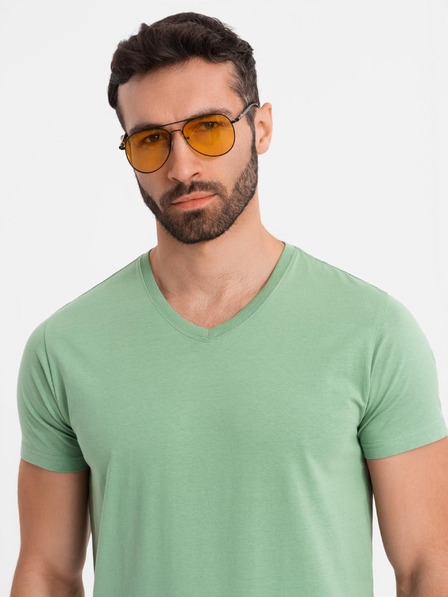 Ombre Clothing Bombažna klasična moška majica BASIC z V-izrezom - zelena