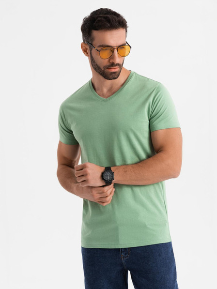 Ombre Clothing Bombažna klasična moška majica BASIC z V-izrezom - zelena