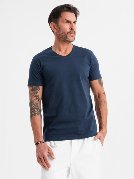 Ombre Clothing Moška klasična bombažna majica BASIC z V-izrezom - temno modra