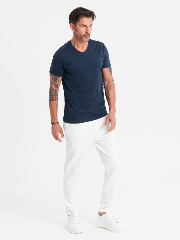 Ombre Clothing Moška klasična bombažna majica BASIC z V-izrezom - temno modra