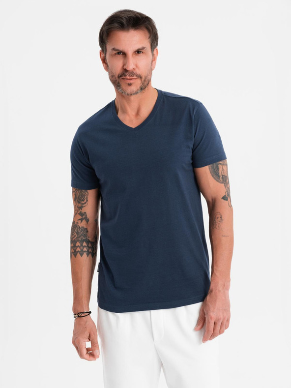 Ombre Clothing Moška klasična bombažna majica BASIC z V-izrezom - temno modra