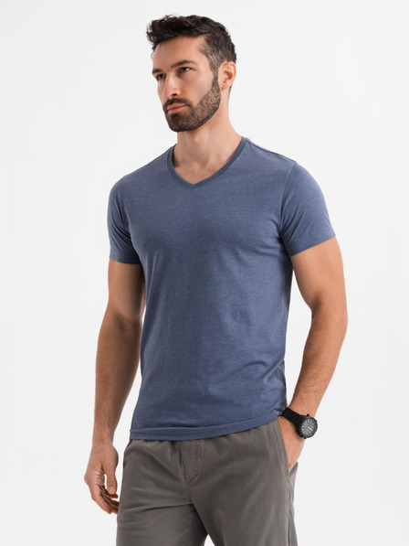 Ombre Clothing Moška klasična bombažna majica BASIC z V-izrezom - modra melanž