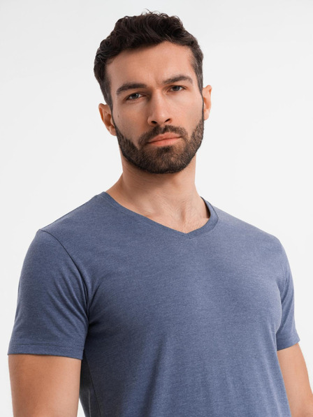 Ombre Clothing Moška klasična bombažna majica BASIC z V-izrezom - modra melanž
