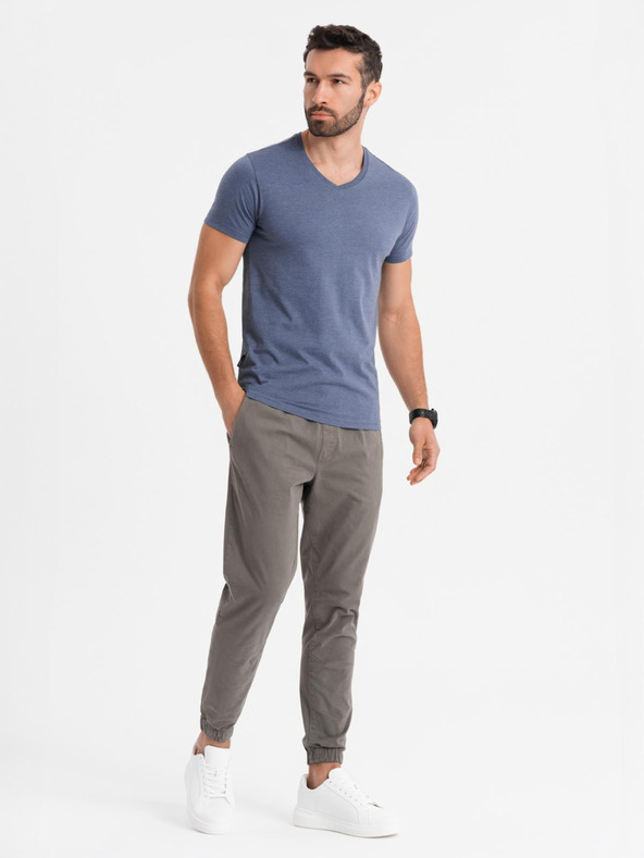 Ombre Clothing Moška klasična bombažna majica BASIC z V-izrezom - modra melanž