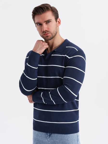 Ombre Clothing Moška polo majica z dolgimi rokavi in vodoravnimi črtami iz viskoznega materiala - temno modra in bela