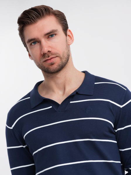 Ombre Clothing Moška polo majica z dolgimi rokavi in vodoravnimi črtami iz viskoznega materiala - temno modra in bela