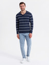 Ombre Clothing Moška polo majica z dolgimi rokavi in vodoravnimi črtami iz viskoznega materiala - temno modra in bela