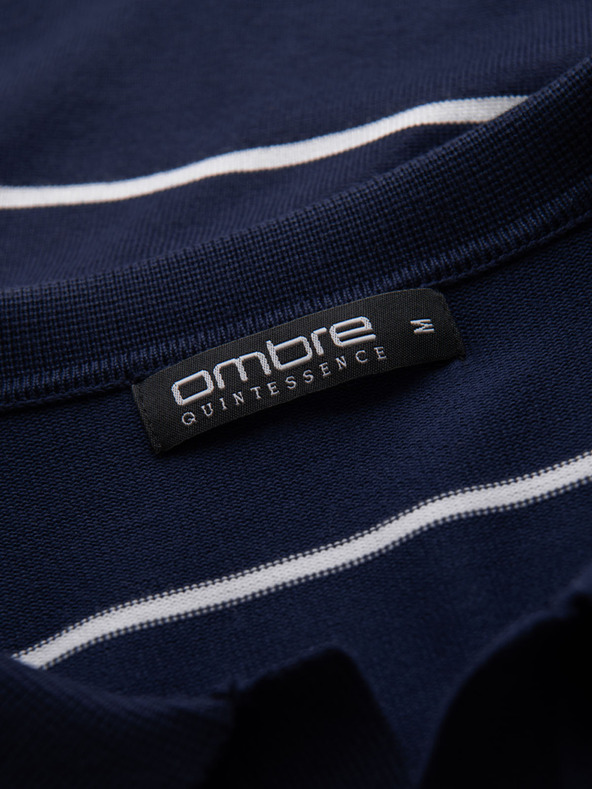 Ombre Clothing Moška polo majica z dolgimi rokavi in vodoravnimi črtami iz viskoznega materiala - temno modra in bela