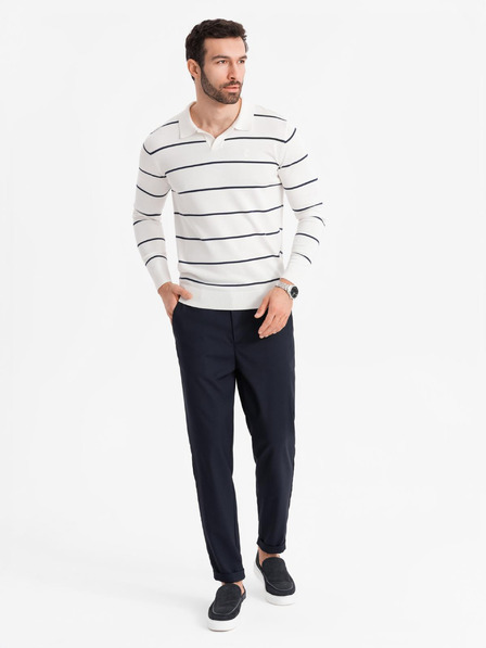 Ombre Clothing Moška polo majica z dolgimi rokavi in vodoravnimi črtami iz viskoznega materiala - bela in temno modra