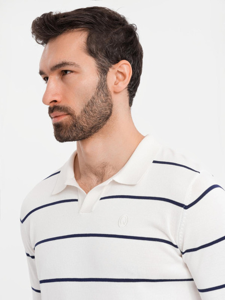 Ombre Clothing Moška polo majica z dolgimi rokavi in vodoravnimi črtami iz viskoznega materiala - bela in temno modra