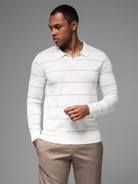 Ombre Clothing Moška polo majica z dolgimi rokavi in vodoravnimi črtami iz viskoznega materiala - bela in bež
