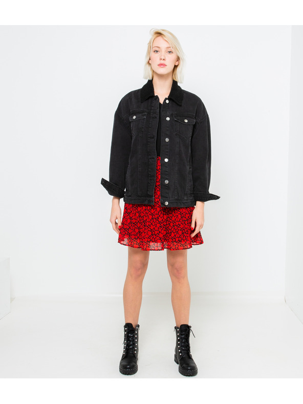 CAMAIEU Črna jeans jakna s krznenim ovratnikom CAMAIEU