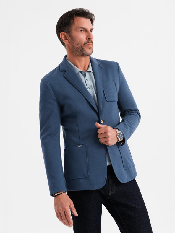 Ombre Clothing Moški modri blazer SLIM z rahlo teksturo