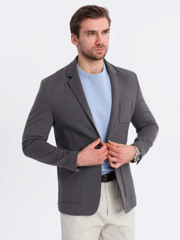 Ombre Clothing Moški sivi blazer SLIM iz rahlo strukturiranega pletiva