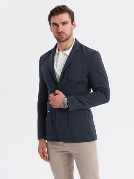 Ombre Clothing Moški temno modri blazer SLIM iz rahlo strukturiranega pletiva