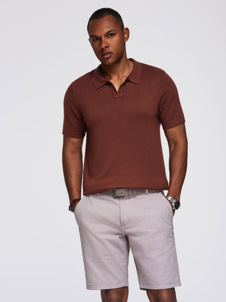 Ombre Clothing Moško polo majico brez gumbov s klasično vaznjo - temno rjava