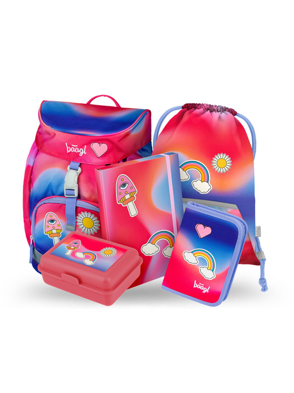 BAAGL  BAAGL 5 SET Airy Mavrica rdeča: nahrbtnik, peresnica, vrečka, mapa, škatla
