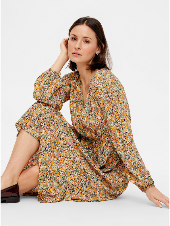 Pieces bež cvetlična midi majica Pieces Gry