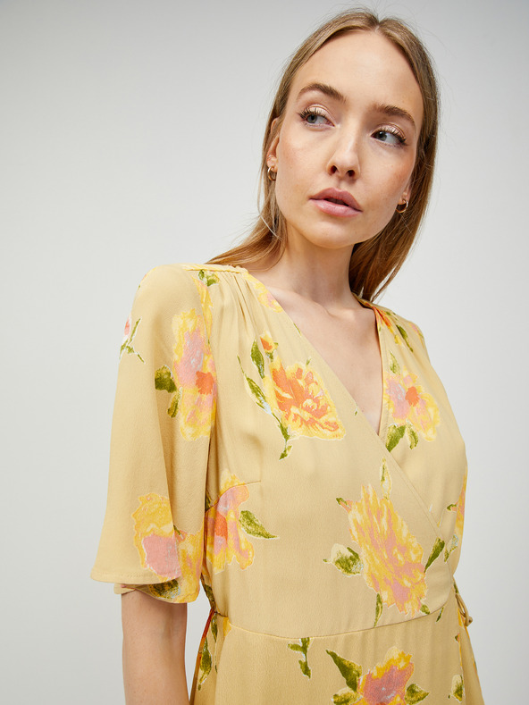 Pieces Rumena cvetlična zavita obleka s kravato Pieces Tianna