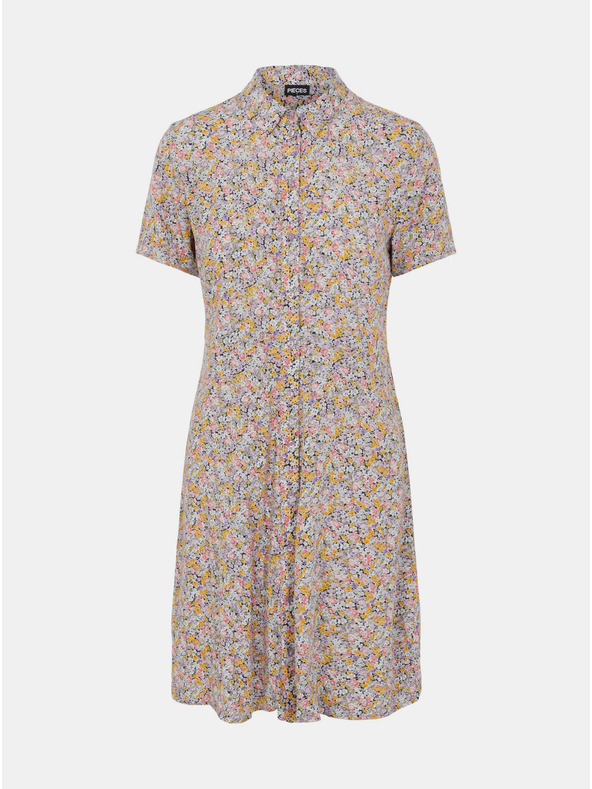Pieces Rumena in vijolična cvetlična srajčna obleka Pieces Rilla