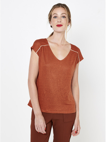 CAMAIEU Rjava lanena bluza z gumbi na hrbtu CAMAIEU