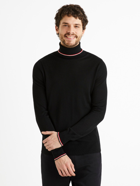 Celio Črn moški pulover z rolojem iz mešanice volne Celio Deblack