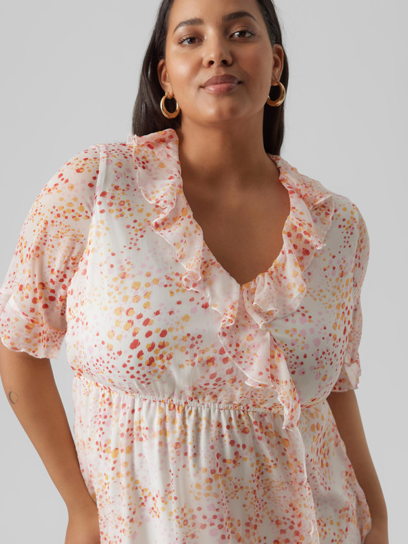 Vero Moda Curve Oranžno-bela vzorčasta ženska obleka VERO MODA CURVE Dora