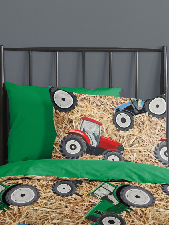 Good Morning Zelena in bež obojestranska posteljnina z motivom traktorja Good Morning Cas 140 x 200 cm