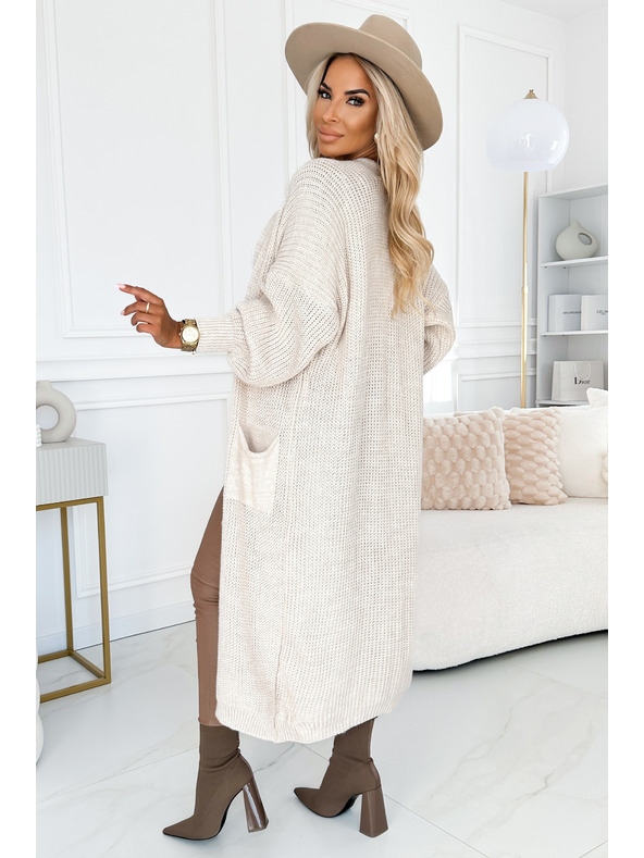 numoco Kardigan - dolg pulover z žepi - bež