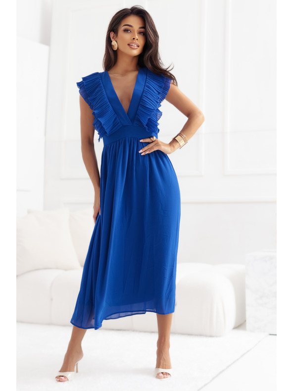 numoco Midi obleke YANA s plisiranimi volani in izrezom - kornjetkasto modre