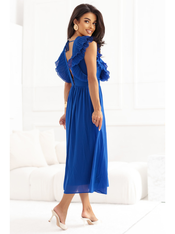 numoco Midi obleke YANA s plisiranimi volani in izrezom - kornjetkasto modre