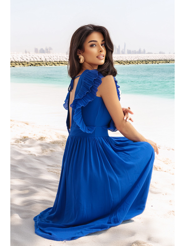 numoco Midi obleke YANA s plisiranimi volani in izrezom - kornjetkasto modre