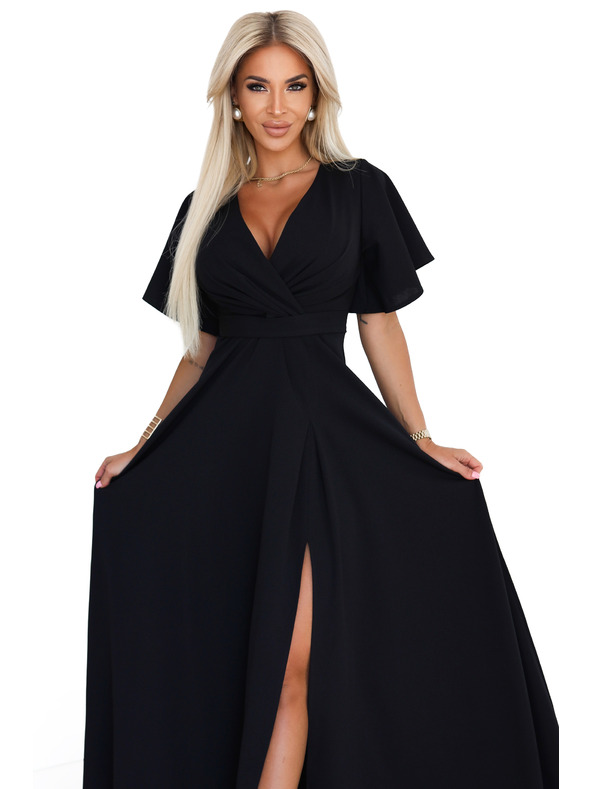 numoco Dolge obleke JENNIFER z razporkom - črne