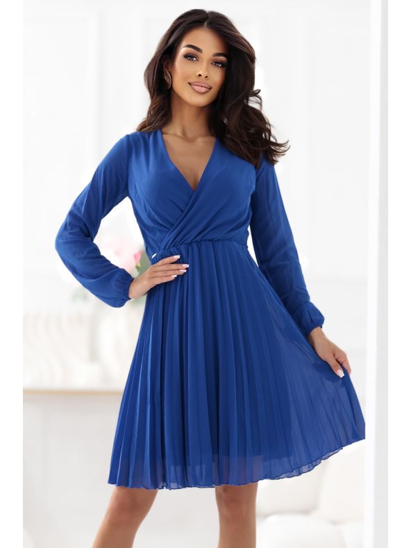 numoco Elegantne gube obleke ISABELLE z izrezom in dolgimi rokavi - kornjetkasto modre