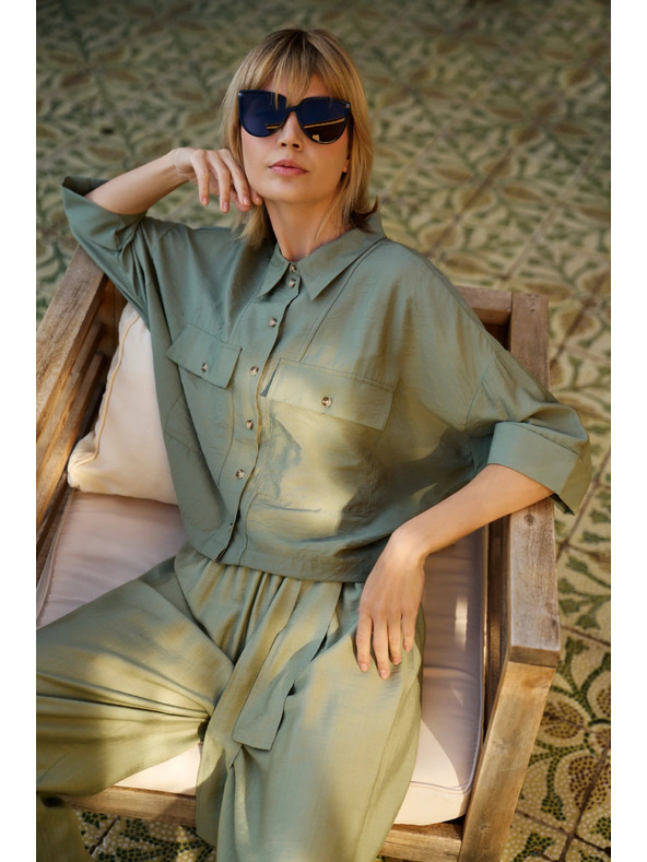 Moodo Kaki ohlapna srajca s kratkimi rokavi