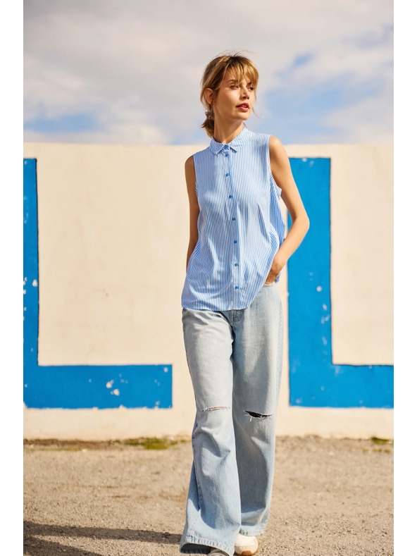 Moodo Modro-bela progasta srajca brez rokavov