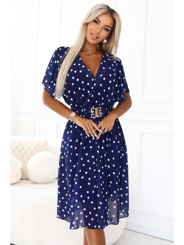 numoco Temno modre obleke z belimi pikami, zavihano izrezom in okrasnim pasom