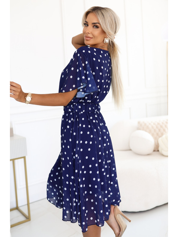 numoco Temno modre obleke z belimi pikami, zavihano izrezom in okrasnim pasom