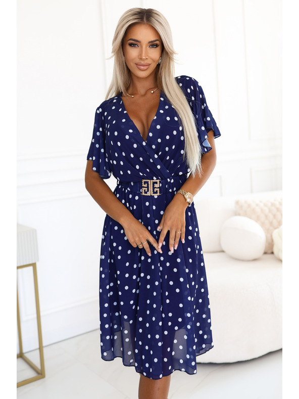 numoco Temno modre obleke z belimi pikami, zavihano izrezom in okrasnim pasom