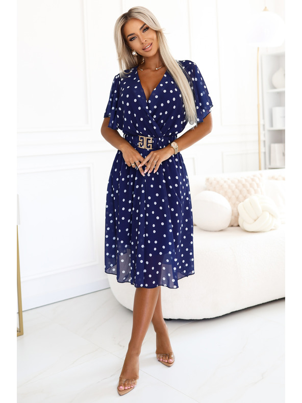 numoco Temno modre obleke z belimi pikami, zavihano izrezom in okrasnim pasom