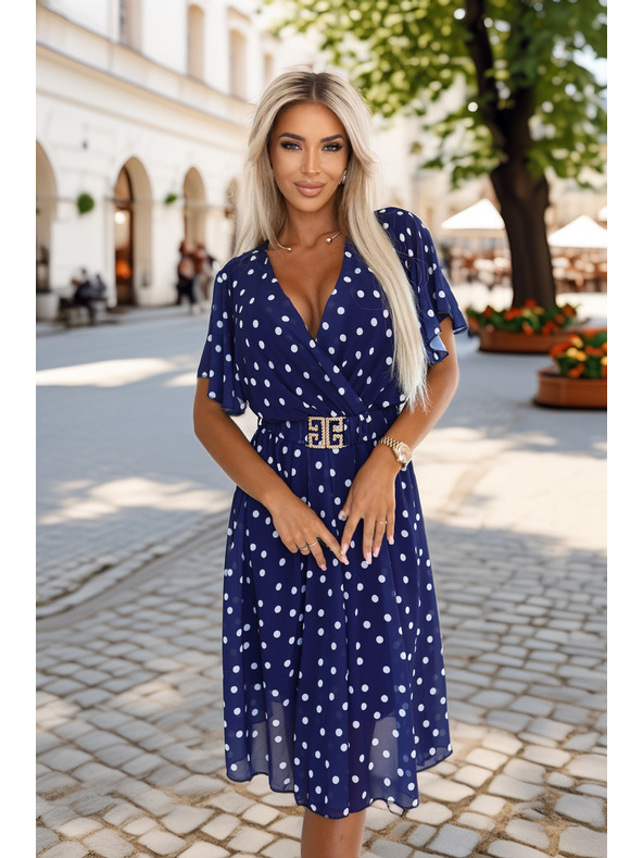 numoco Temno modre obleke z belimi pikami, zavihano izrezom in okrasnim pasom