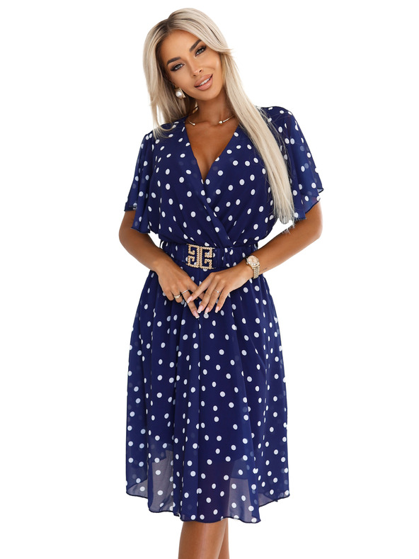 numoco Temno modre obleke z belimi pikami, zavihano izrezom in okrasnim pasom