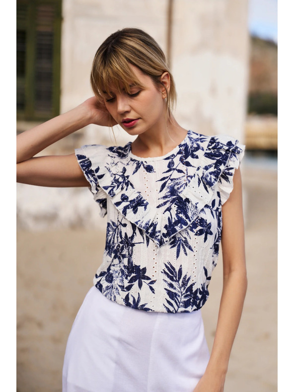 Moodo Ženska majica Moodo – bela z modrimi cvetovi