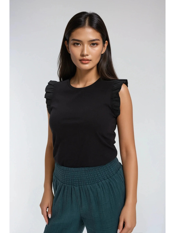 Moodo Črno žensko bombažno majčko z volani