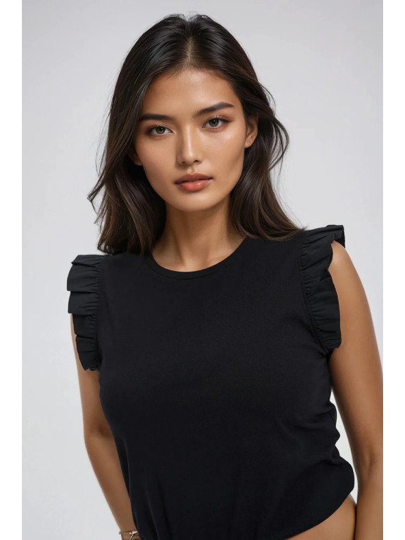 Moodo Črno žensko bombažno majčko z volani