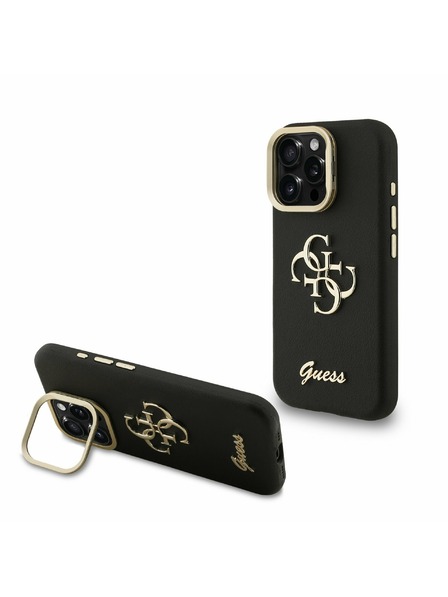 Guess Guess PU Grained 4G Logo Stand Ovitek kamere Zadnji ovitek za iPhone 15 Pro Max Črn