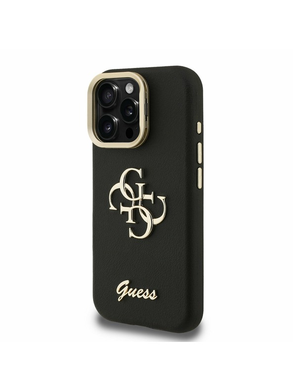 Guess Guess PU Grained 4G Logo Stand Ovitek kamere Zadnji ovitek za iPhone 15 Pro Max Črn