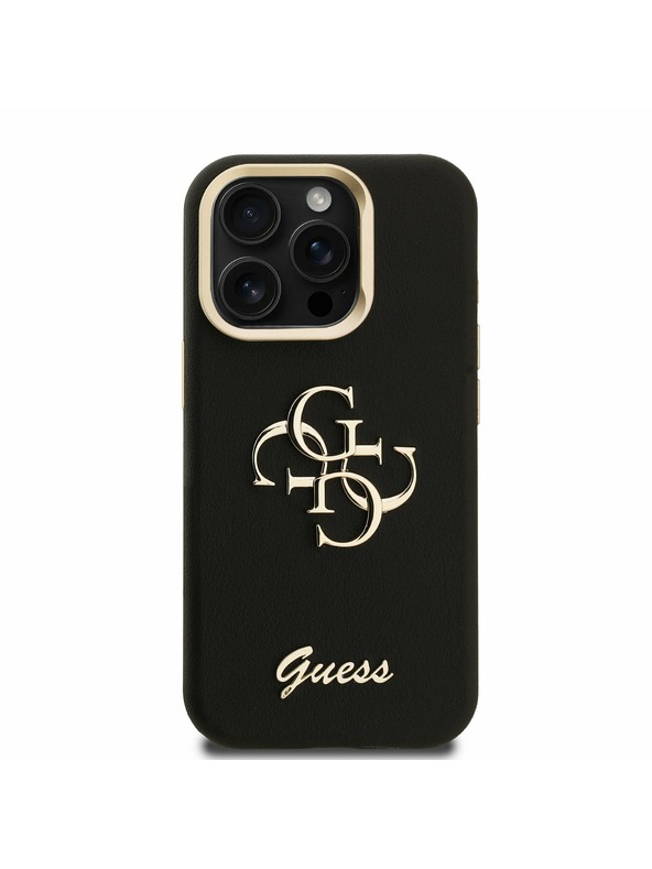 Guess Guess PU Grained 4G Logo Stand Ovitek kamere Zadnji ovitek za iPhone 15 Pro Črn