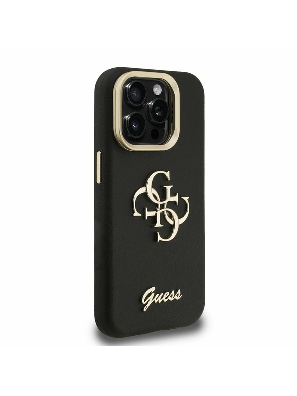 Guess Guess PU Grained 4G Logo Stand Ovitek kamere Zadnji ovitek za iPhone 15 Pro Črn